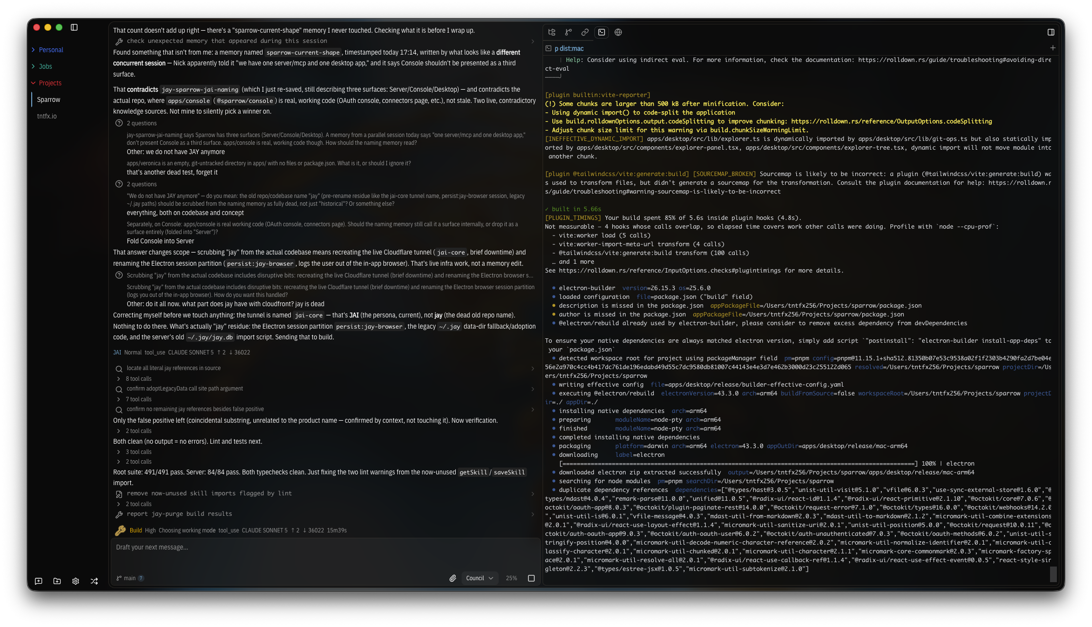A live build / console view while Sparrow is being worked on.